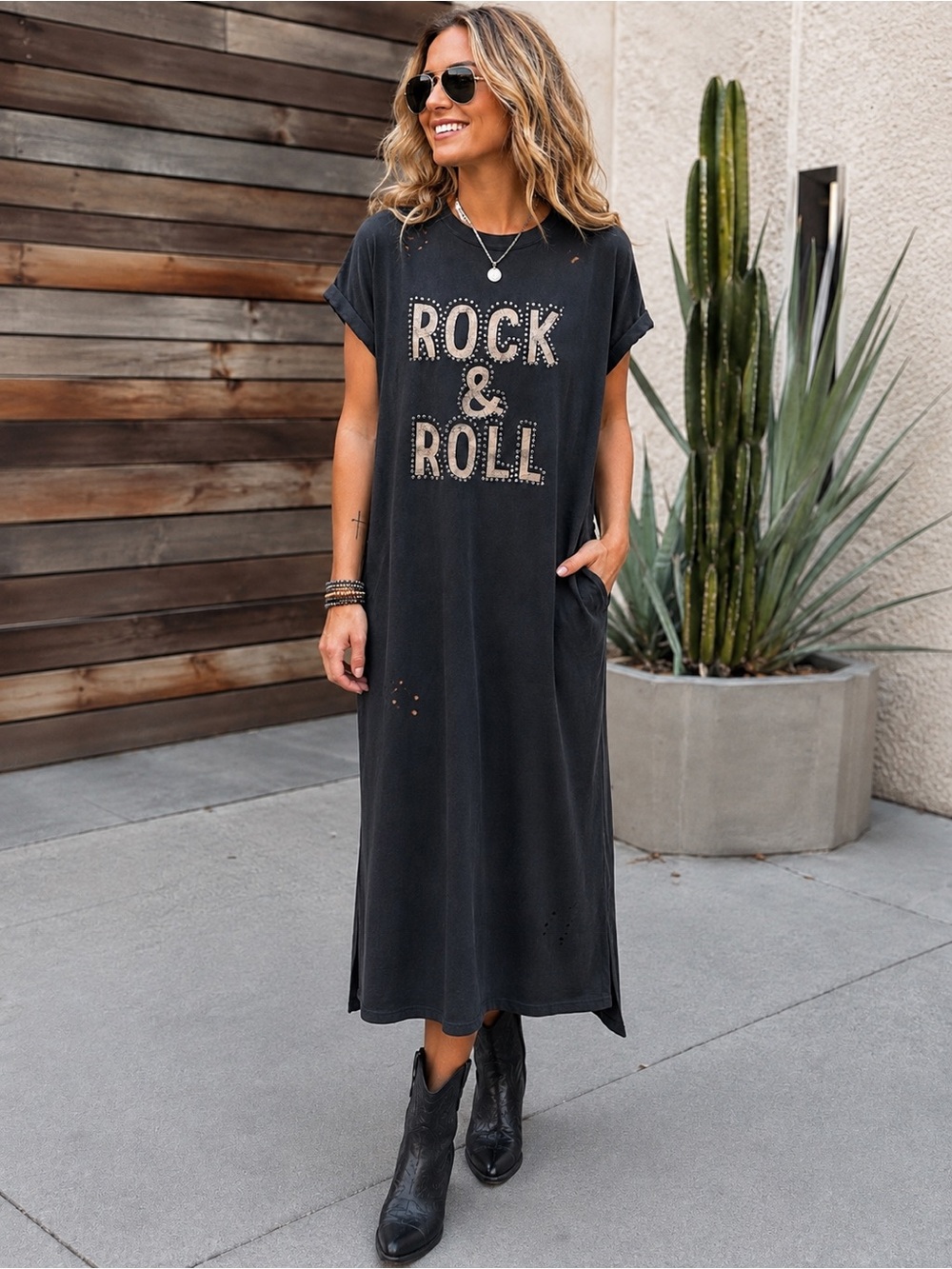 Zutter Black 'Rock & Roll' Distressed Maxi Tee Dress with faux stud details